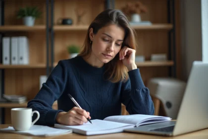 Femme révisant le code de la route à son bureau avec un livret de test et un stylo