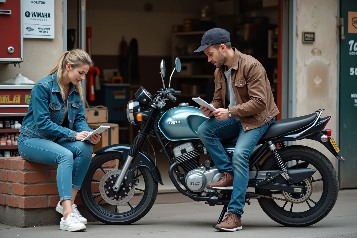 Femme assise vérifiant un carnet près de Yamaha 125 TZR