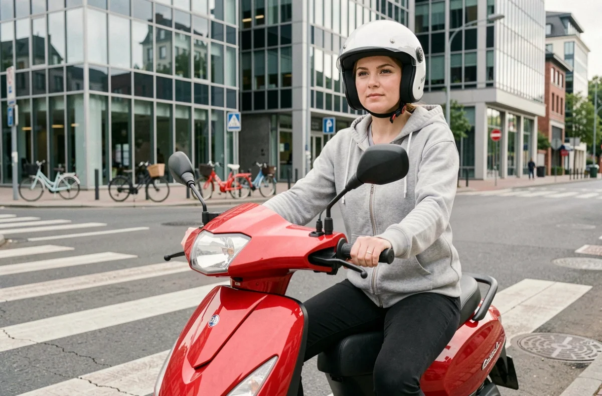 Femme casquée sur un scooter 125cc rouge arrêtée à un carrefour urbain, illustrant l'utilisation quotidienne et la nécessité d'une assurance adaptée