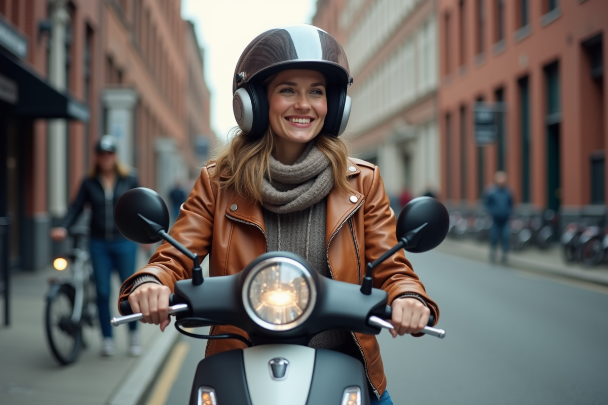 Jeune femme sur scooter en ville avec casque intégré
