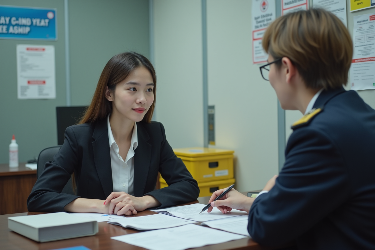 Femme en bureau administratif discutant de documents véhicules