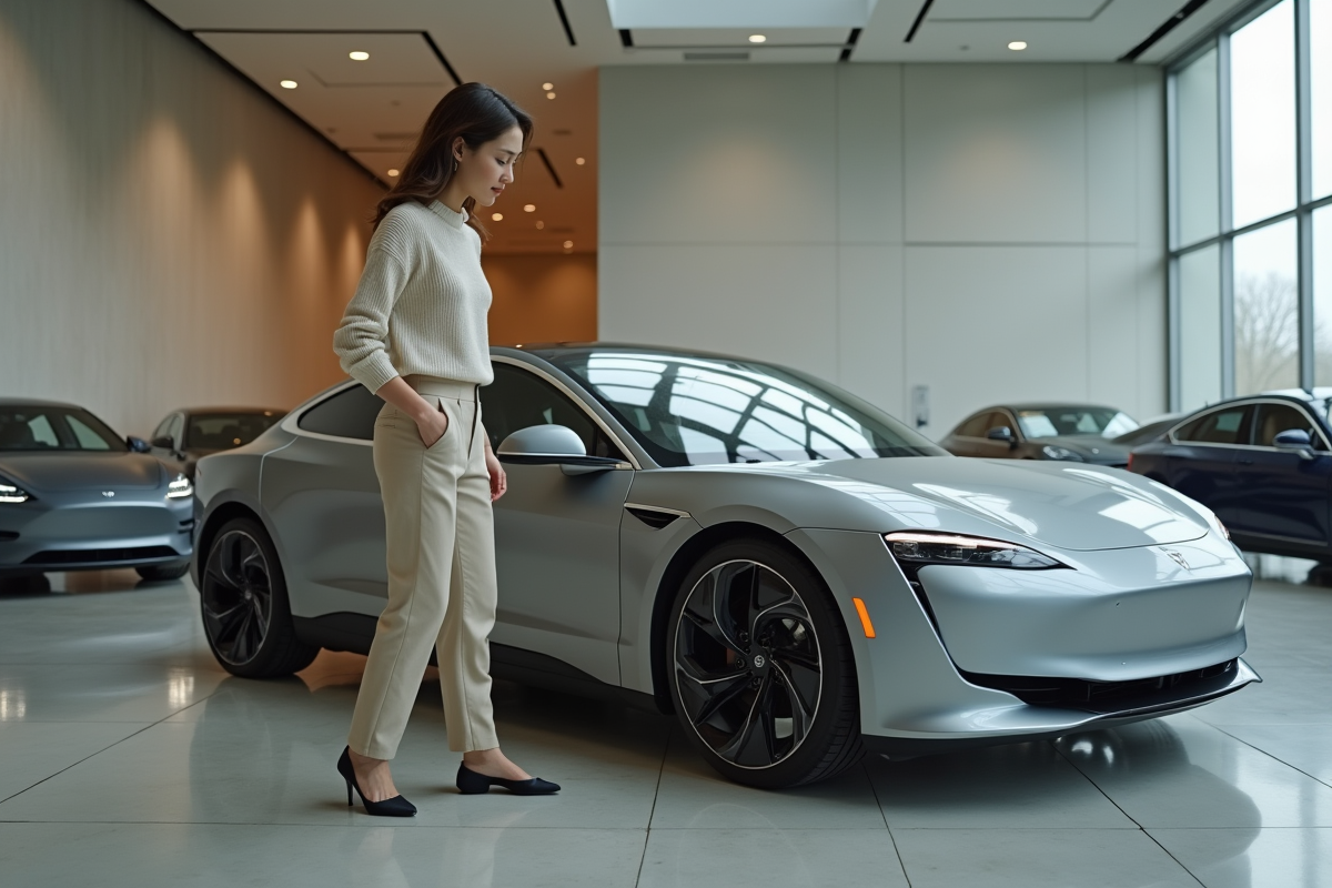 Femme admire une voiture electrique dans un showroom moderne