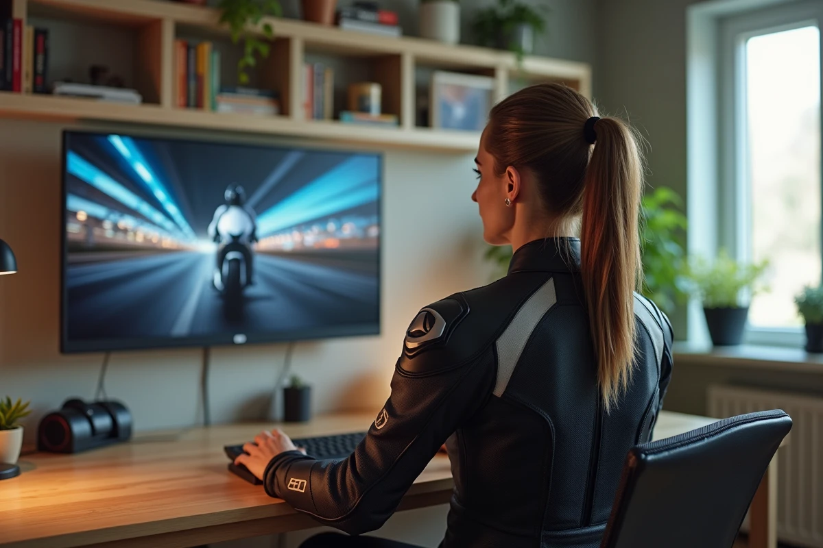 Femme ajustant une simulation de moto à domicile