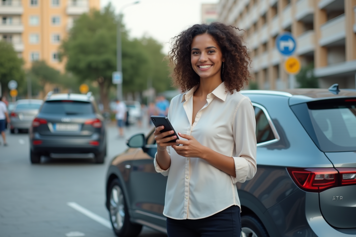 Femme souriante utilisant son téléphone pour covoiturage près d
