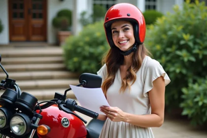 Femme souriante signant papier à côté d'une moto rouge
