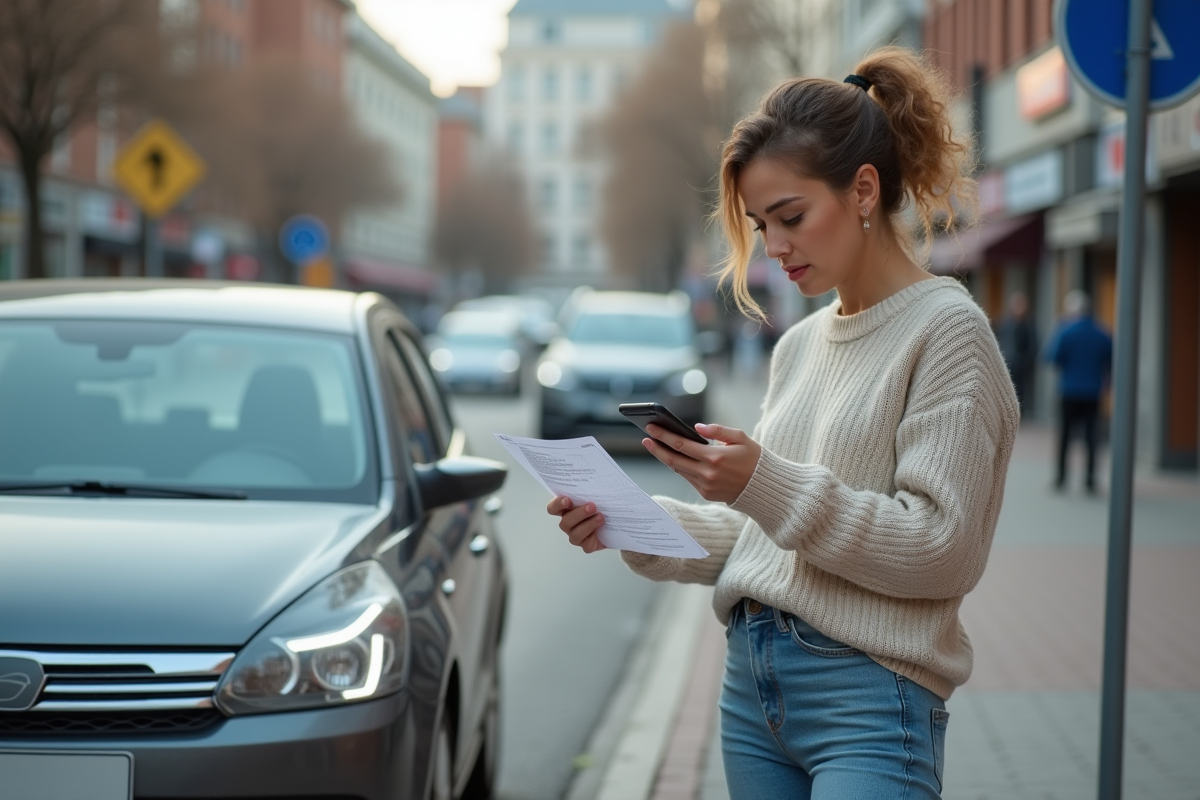 Jeune femme vérifiant une contravention près de sa voiture en ville