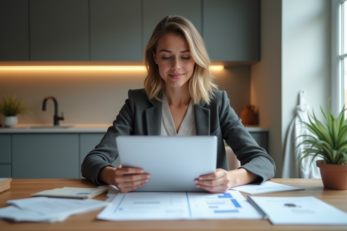 Jeune femme au bureau à domicile avec document voiture