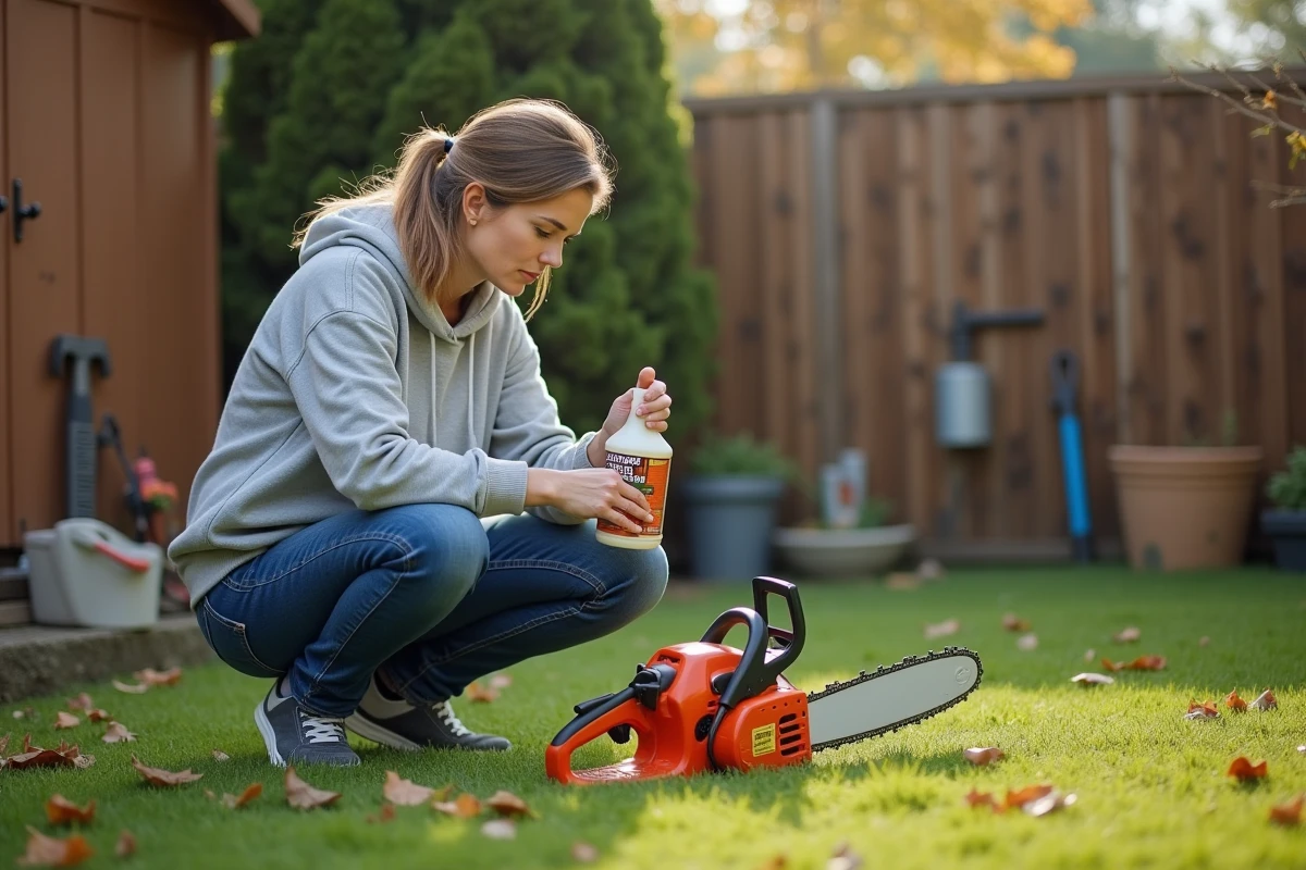 Femme vérifiant le dosage d'huile deux temps sur une bouteille avant de préparer un mélange pour tronçonneuse dans un jardin