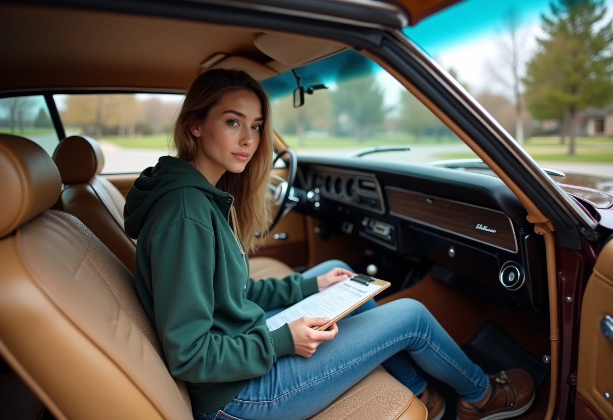 Jeune femme vérifie le numéro de série dans une voiture ancienne