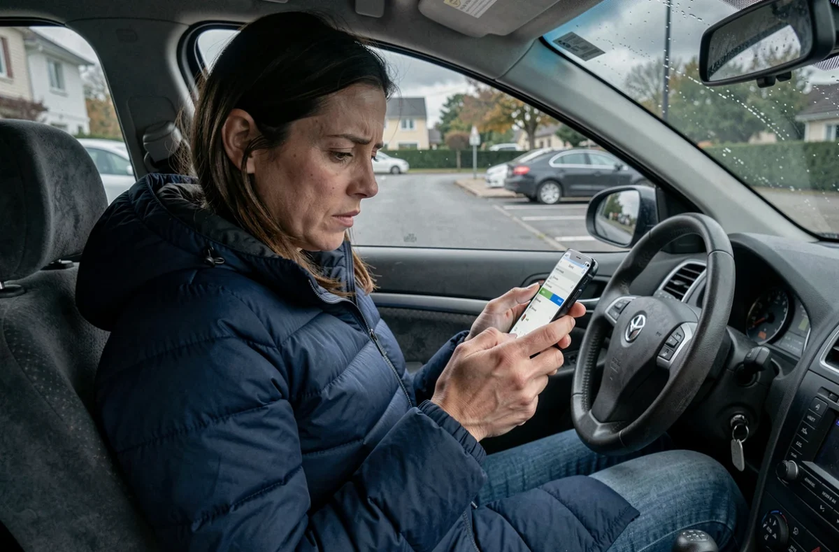 Femme assise dans sa voiture consultant une application de comparaison d'assurance sur son téléphone après une résiliation