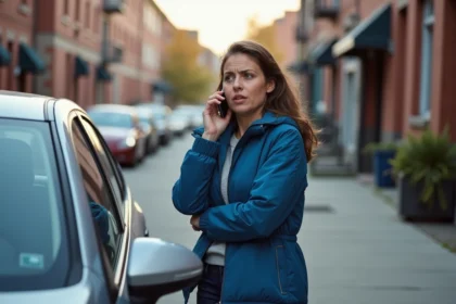 Femme parlant au téléphone à côté de sa voiture endommagée