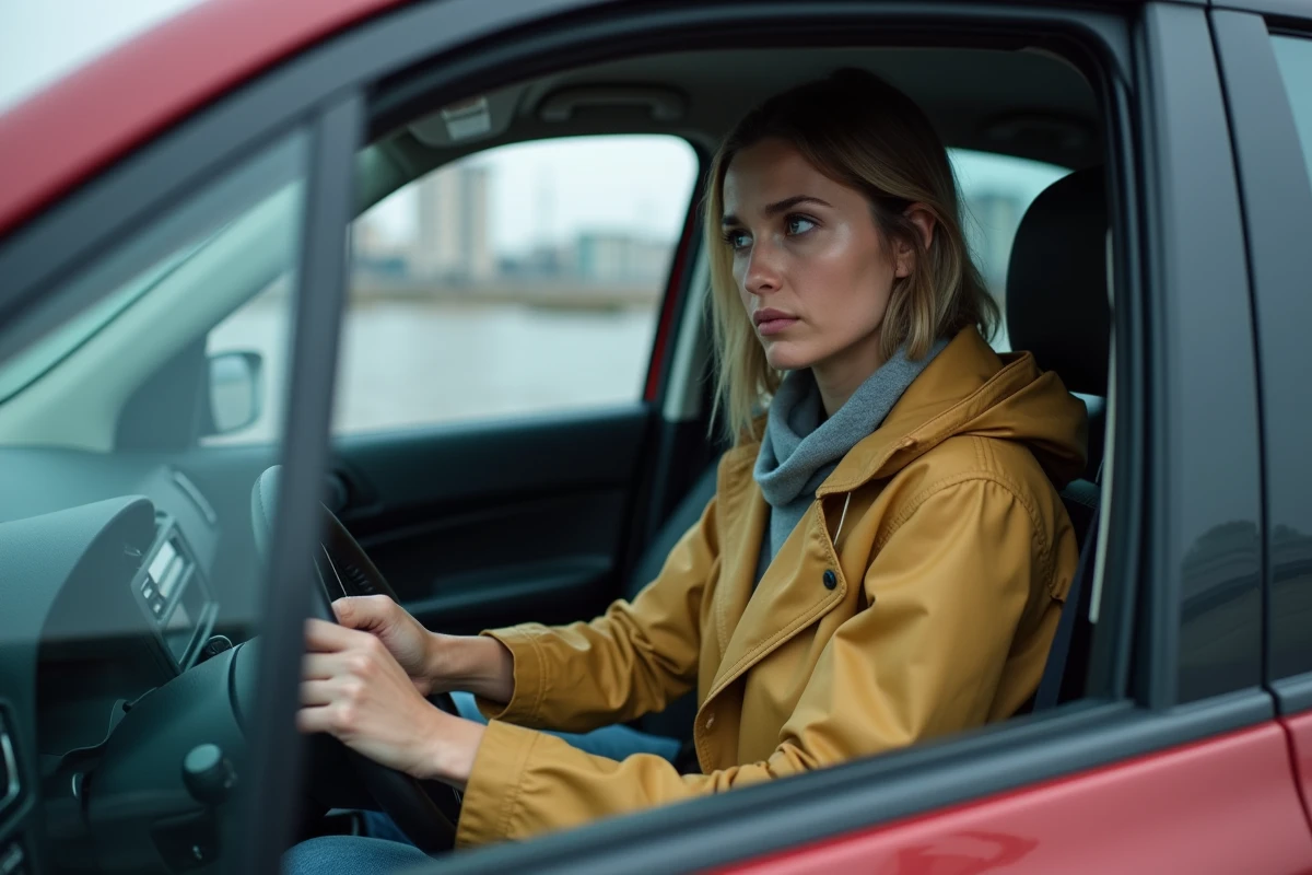 Femme en voiture sous la pluie dans un environnement urbain