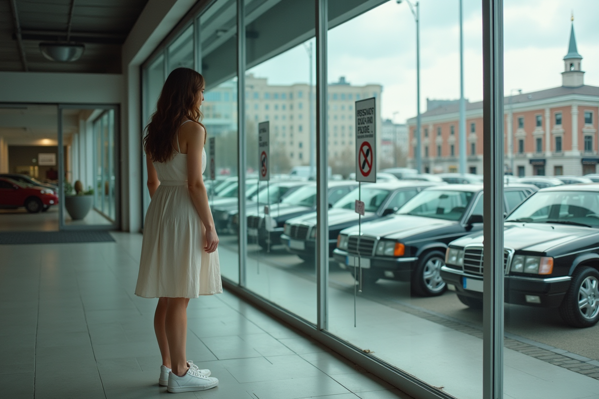 Jeune femme regardant voitures interdites en concession