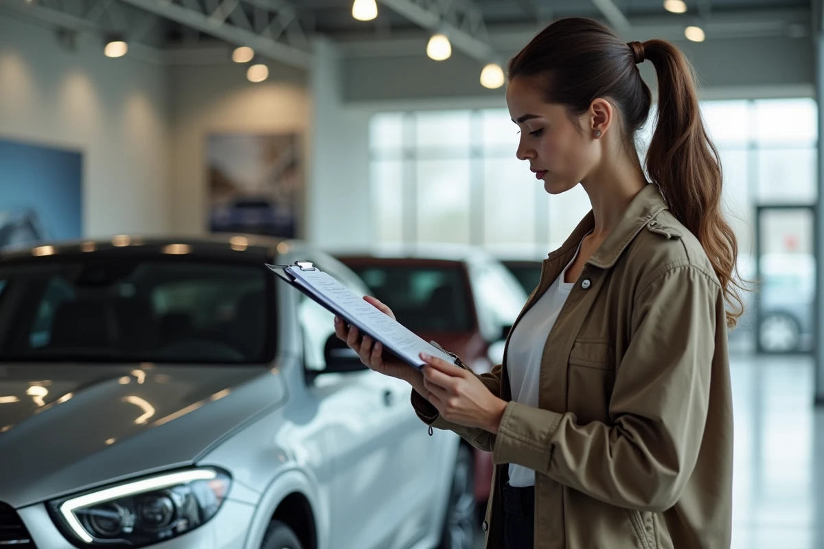 Femme examinant un véhicule dans un showroom moderne