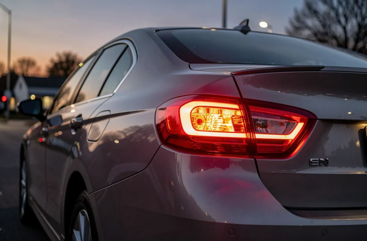 Feu arrière de voiture avec clignotant orange et stop rouge allumés