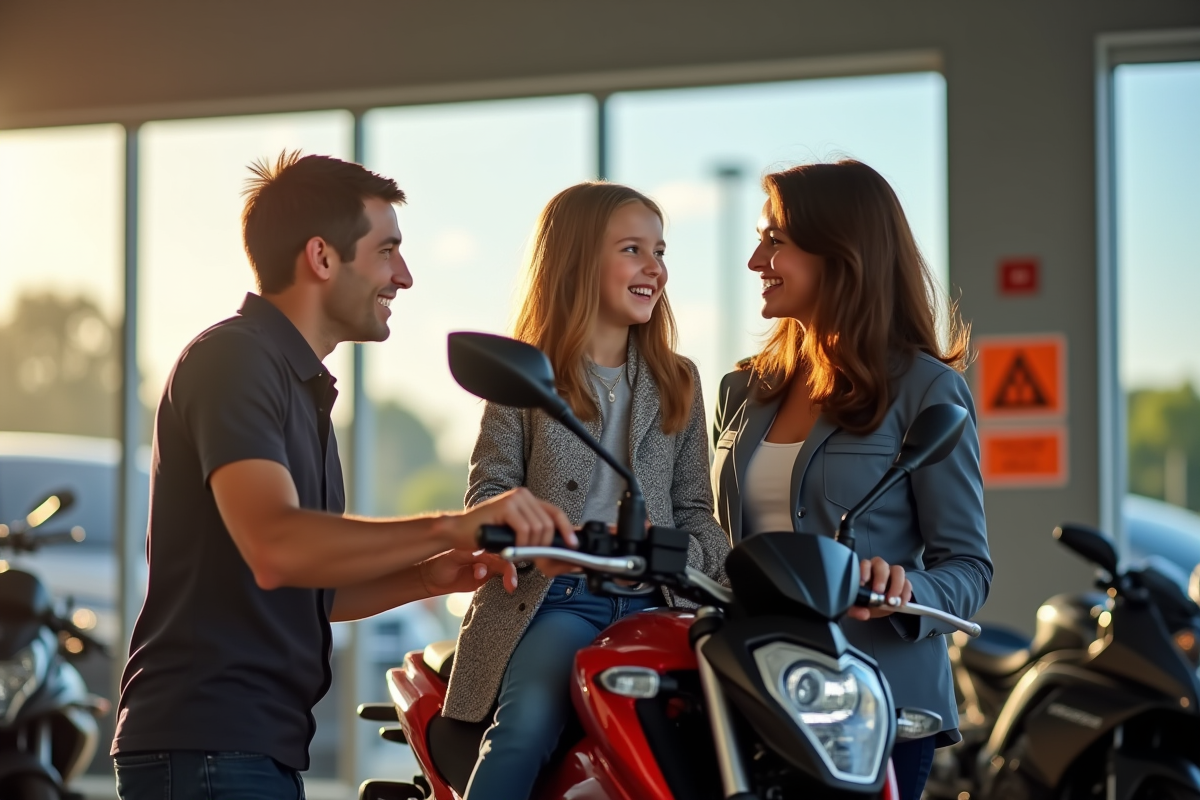Jeune fille assise sur une moto en concession avec vendeur et mère