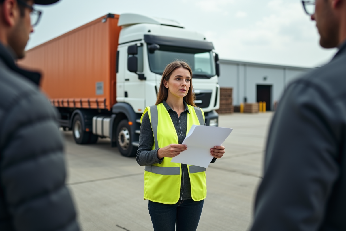 Formateur expliquant des papiers à un groupe devant un camion