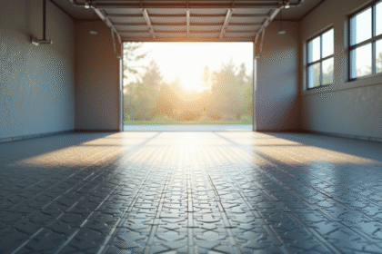 Garage moderne avec carrelage partiellement posé ensoleillé