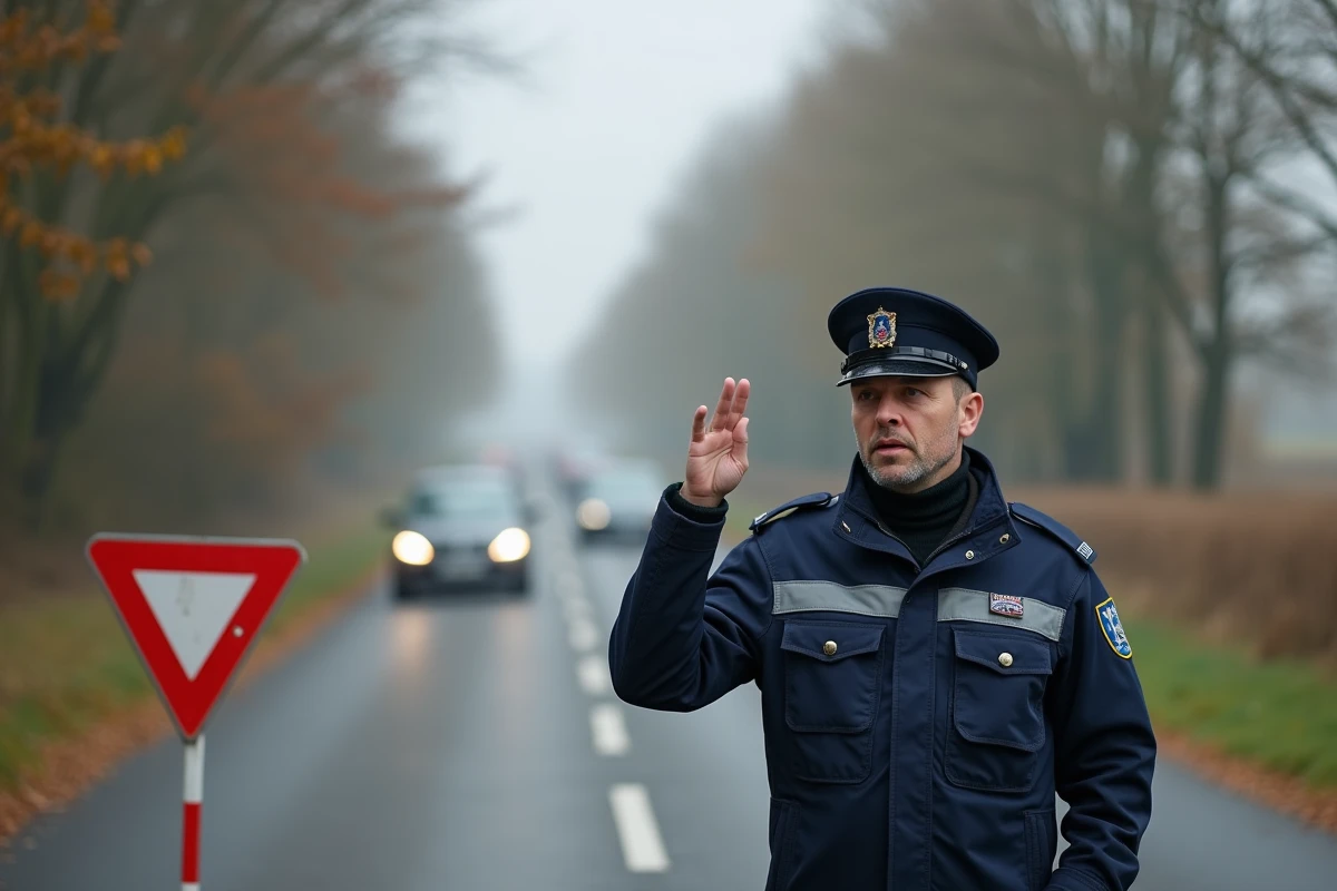 Gendarme français déviant la circulation sur une route fermée suite à un accident dans le département du Nord