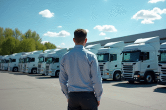 Gestionnaire de flotte inspectant des camions d'occasion en concession