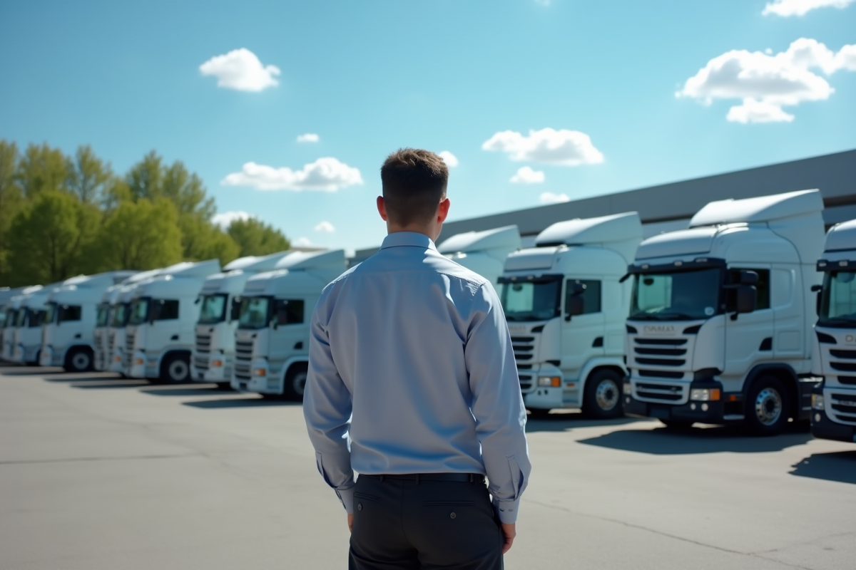 Gestionnaire de flotte inspectant des camions d'occasion en concession