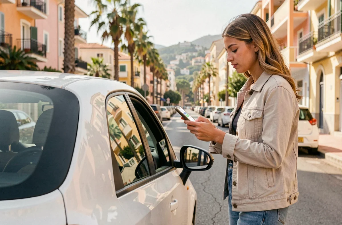 Jeune femme utilisant l'application Getaround pour déverrouiller une voiture en autopartage à Nice