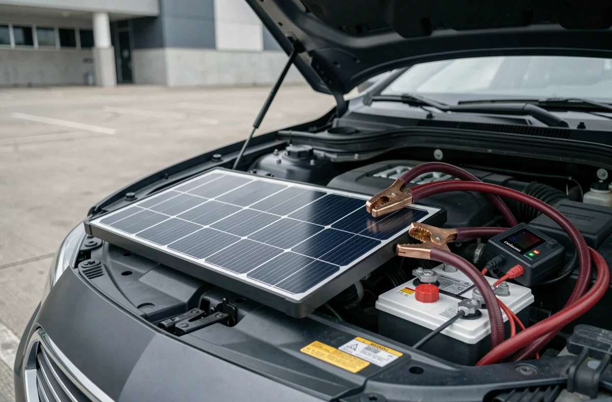 Gros plan sur les pinces crocodile reliant un panneau solaire à la batterie d'une voiture en milieu urbain