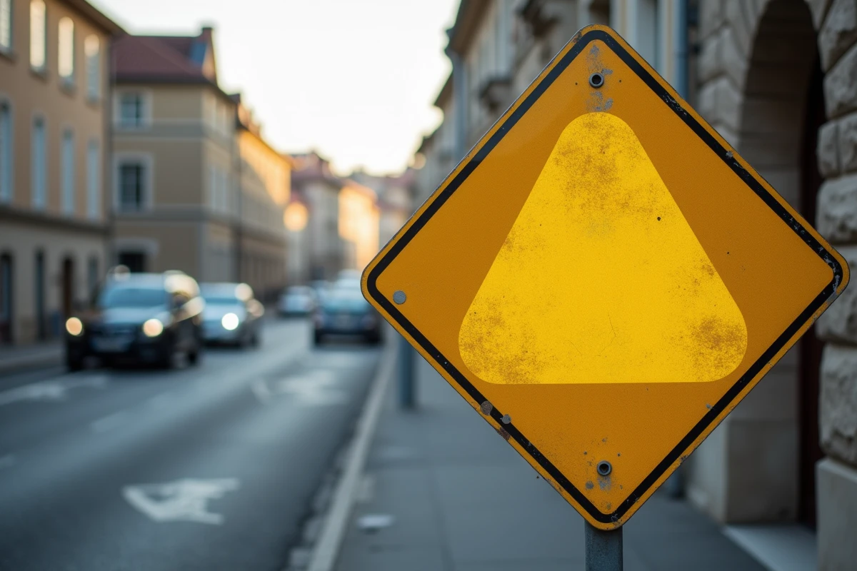Gros plan sur un panneau losange jaune de priorité à droite à un carrefour urbain avec flou de fond sur une rue française
