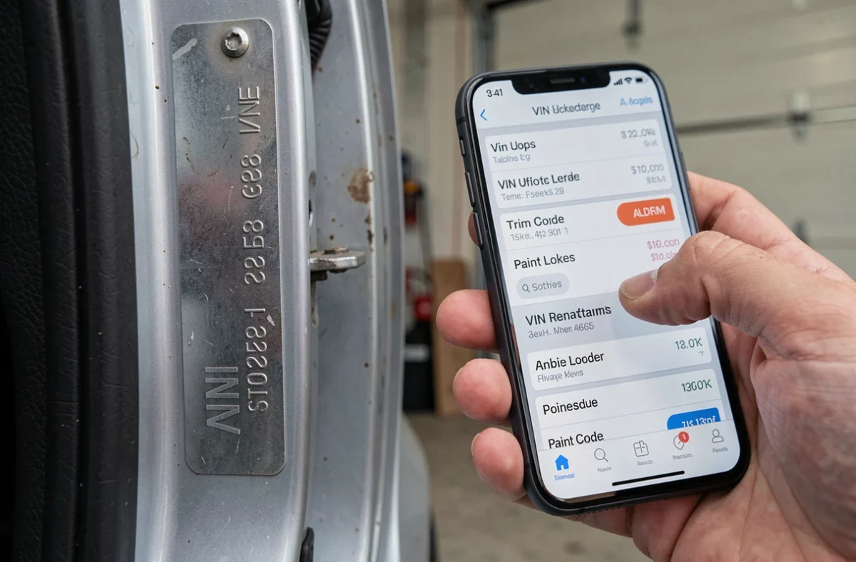 Gros plan sur une plaque VIN de voiture comparée à un résultat de recherche de finition affiché sur smartphone