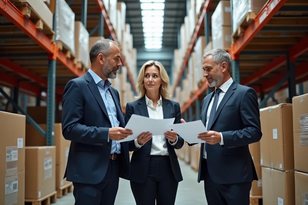 Groupe de trois grossistes dans un entrepôt animé