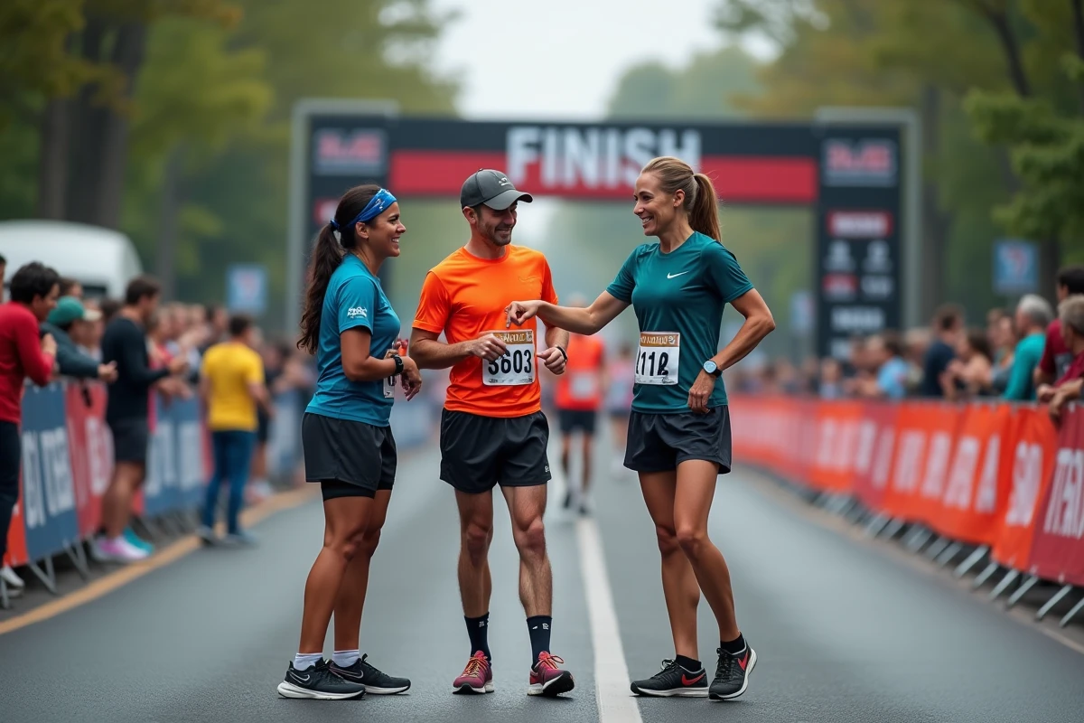 Groupe de coureurs discutant des allures en miles et kilomètres par heure autour d'une montre GPS lors d'une course sur route