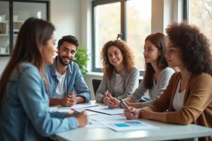 Groupe de jeunes discutant avec un conseiller dans un bureau lumineux