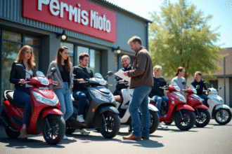 Groupe de personnes avec motos devant une école de conduite