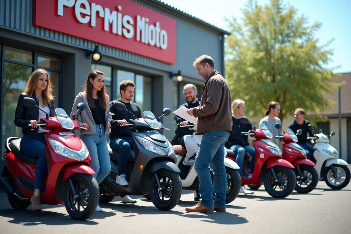 Groupe de personnes avec motos devant une école de conduite