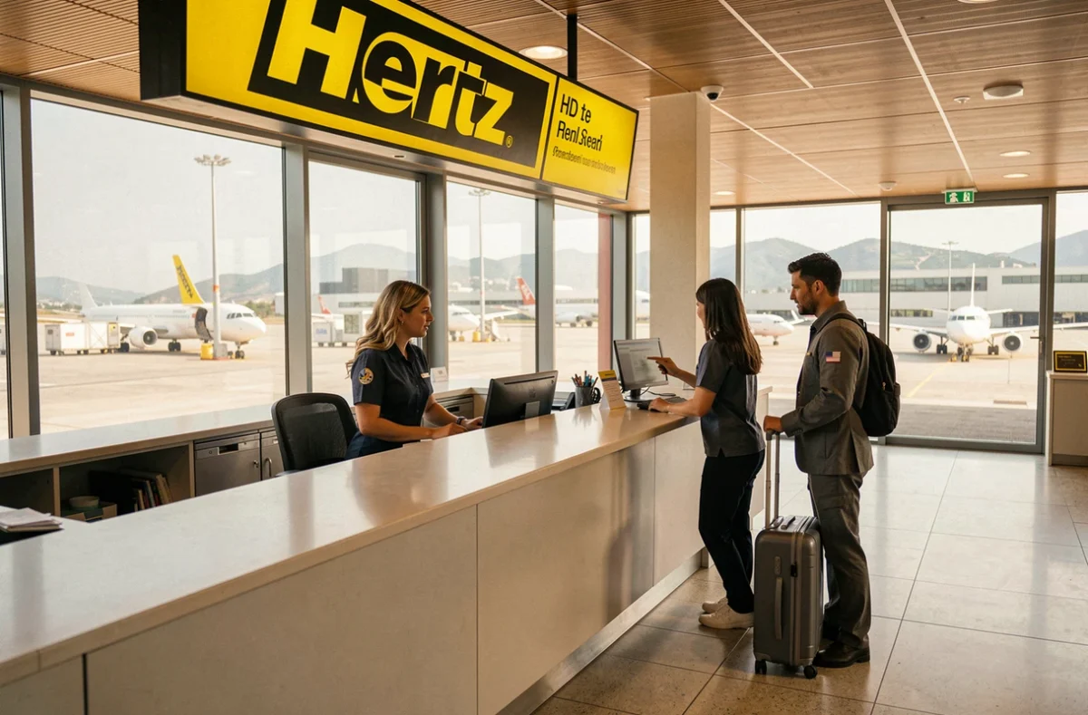 Bureau Hertz dans un terminal d'aéroport de la Côte d'Azur avec agent et client