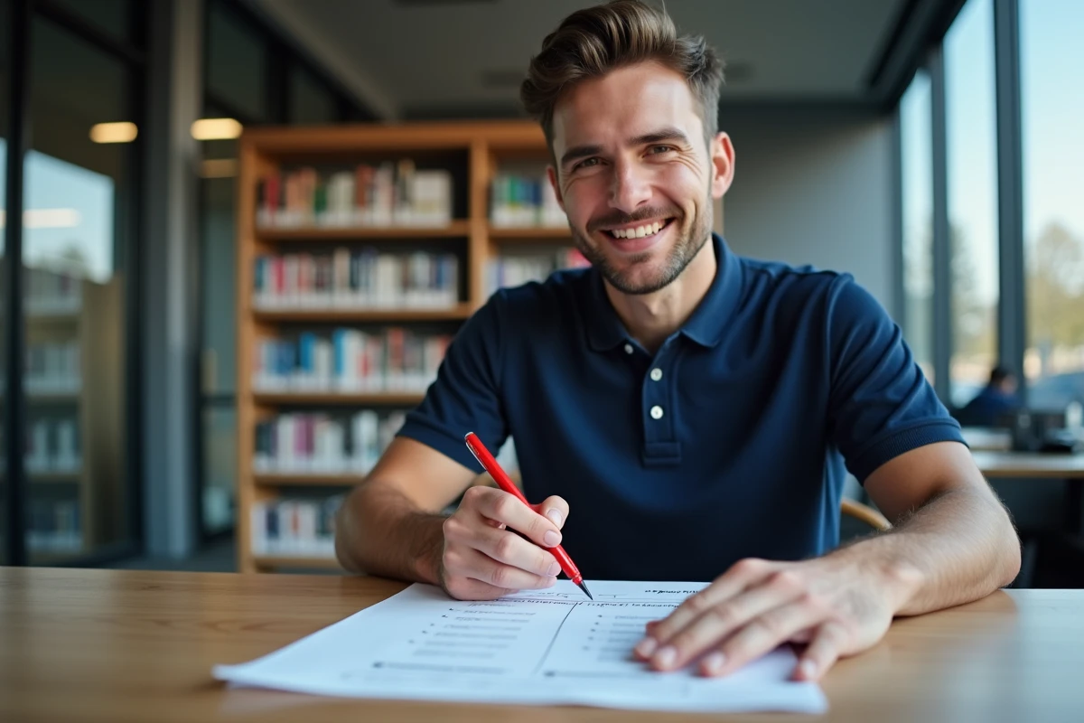 Homme annotant un corrigé expliqué de questions de code de la route 2026 dans une bibliothèque