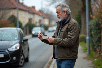 Homme d'âge moyen tenant une carte grise devant sa voiture