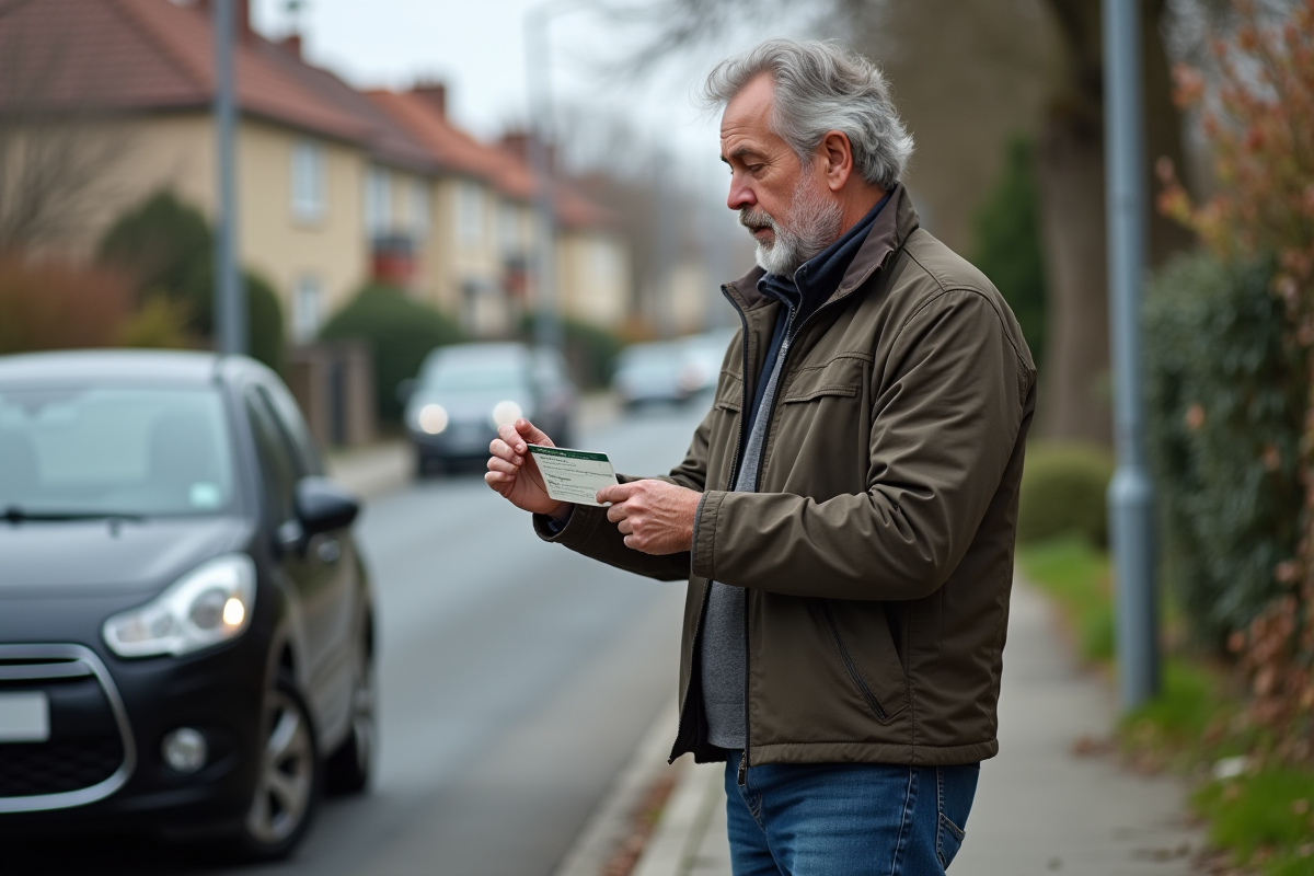 Homme d'âge moyen tenant une carte grise devant sa voiture
