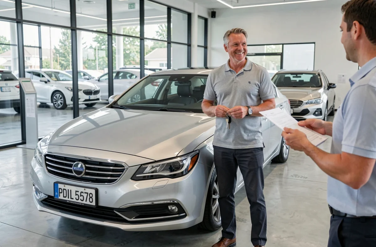 Homme récupérant les clés et documents d'une voiture en leasing dans une concession automobile