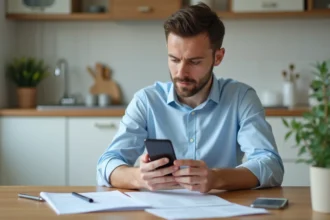 Homme comparant des offres d'assurance auto en ligne sur smartphone avec des documents papier sur une table