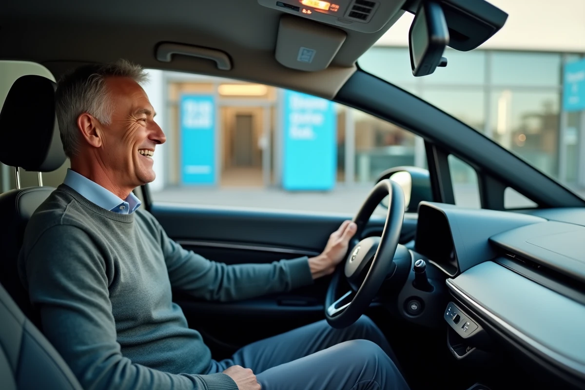 Homme détendu dans une voiture électrique en concession