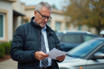Homme confiant vérifiant ses documents à côté de sa voiture
