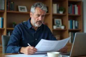 Homme consultant une amende de la DGT espagnole à son bureau, prêt à rédiger une contestation