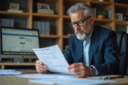 Homme en costume examinant un ticket de contravention dans un bureau