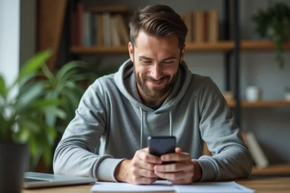 Homme consultant une application de conversion mph en km/h sur son smartphone à son bureau