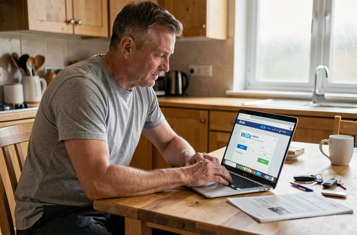 Homme utilisant un ordinateur portable à la maison pour décoder le VIN de son véhicule et identifier sa finition