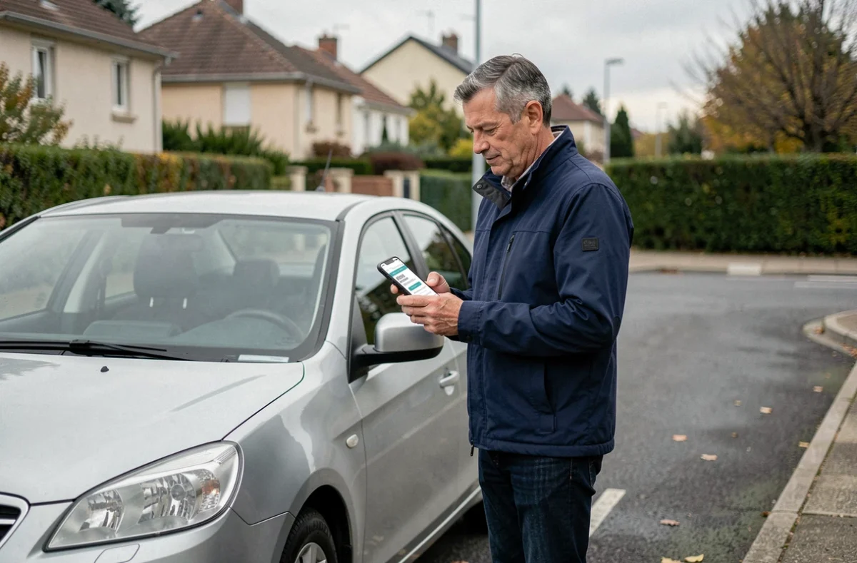 Homme d'âge mûr consultant un devis d'assurance voiture sur smartphone à côté de sa voiture