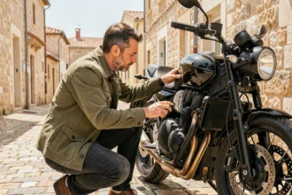 Un homme examine une moto noire garée dans une rue en pierre à Agde, évaluant son état avant achat