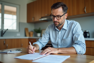 Homme en train de remplir des papiers financiers dans une cuisine moderne