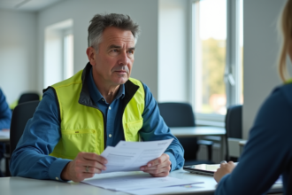 Homme en formation conduite dans une salle moderne
